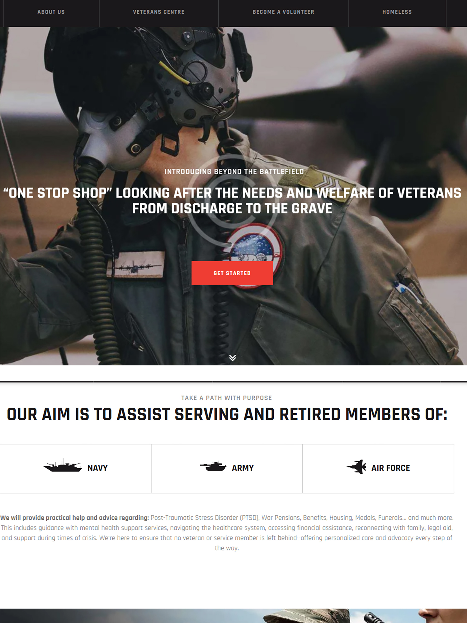 Website design by a digital marketing agency featuring veterans in military gear with support services for Navy, Army, and Air Force from discharge to end-of-life care