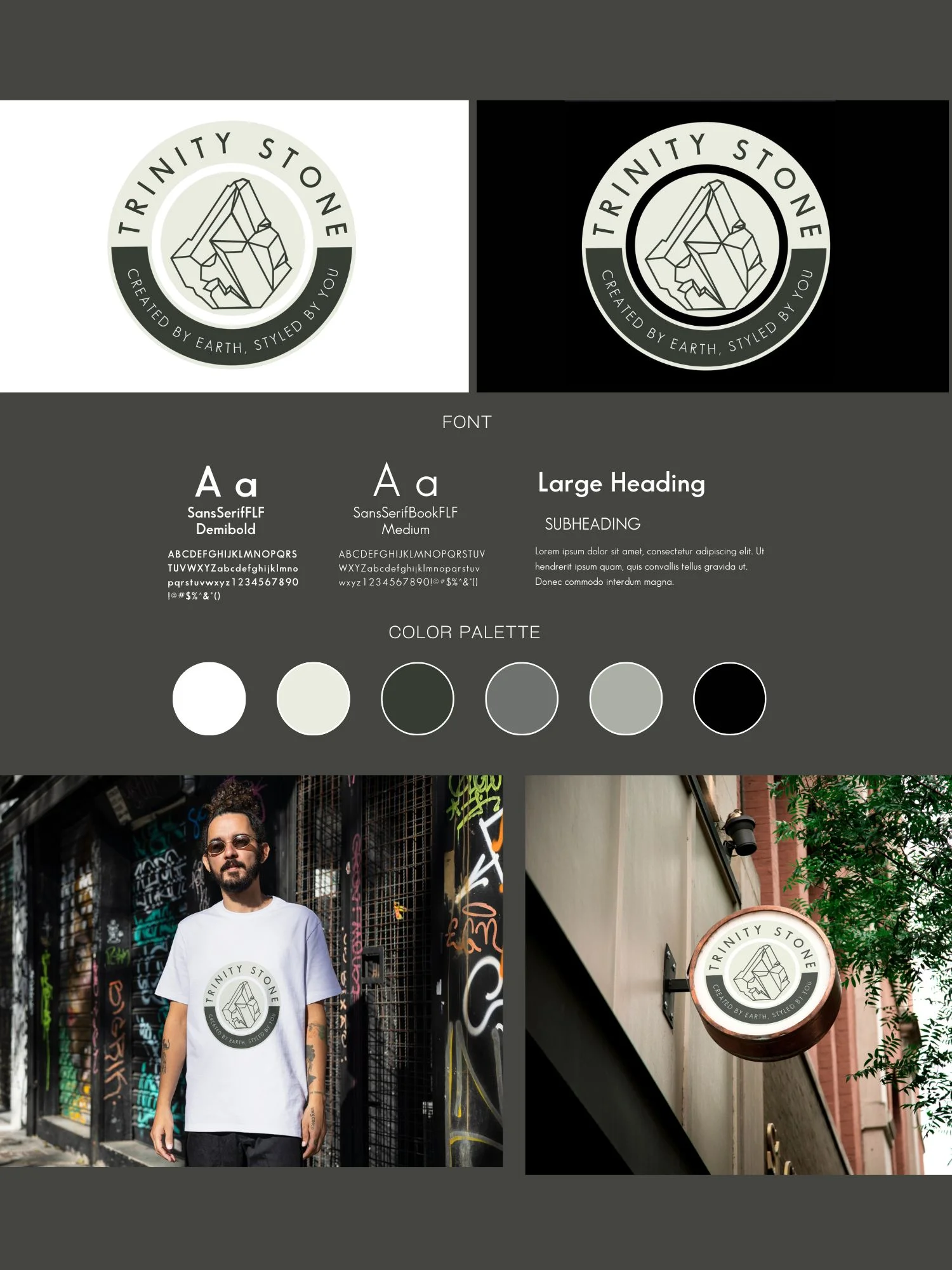 Trinity Stone brand board showing logo design, font styles, color palette, and mockups on t-shirt and shop signage.